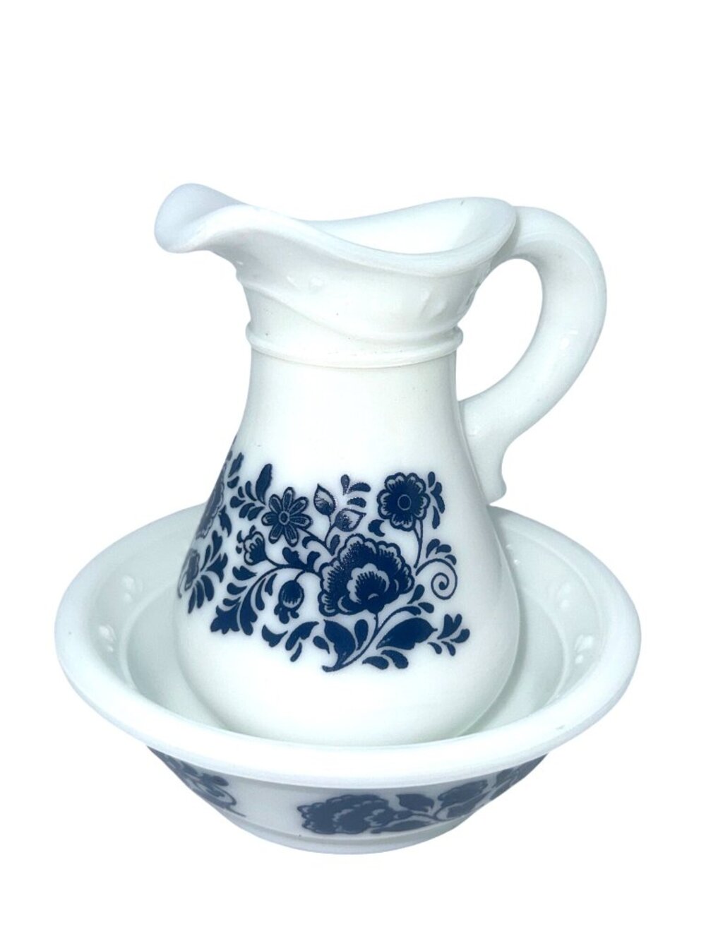 Vintage 1970s Avon Milk Glass Pitcher and Basin with Deft Blue Floral Pattern - Picture 2 of 8